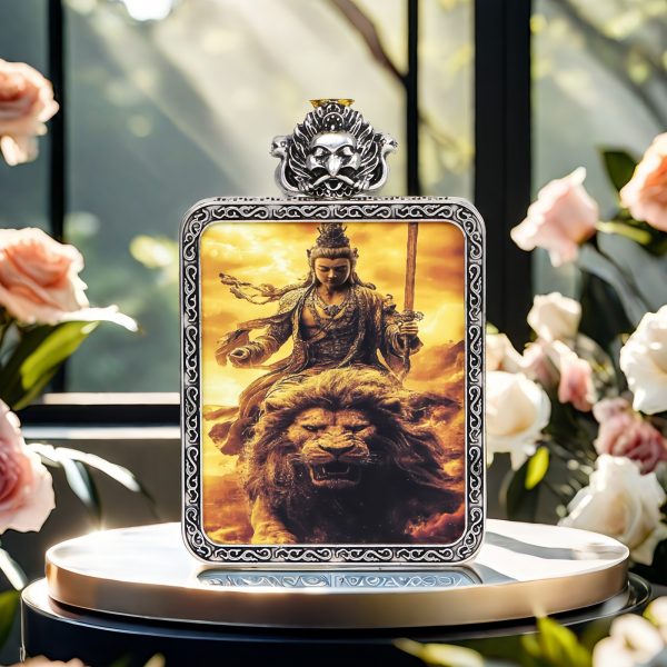 Gold statue of Manjusri Bodhisattva/sitting on a lion/4cm*5cm/titanium alloy